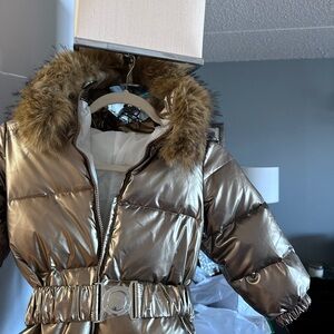 Chic Metallic Kids Puffer Jacket with Faux Fur and belt.  (((Not. For sale)))